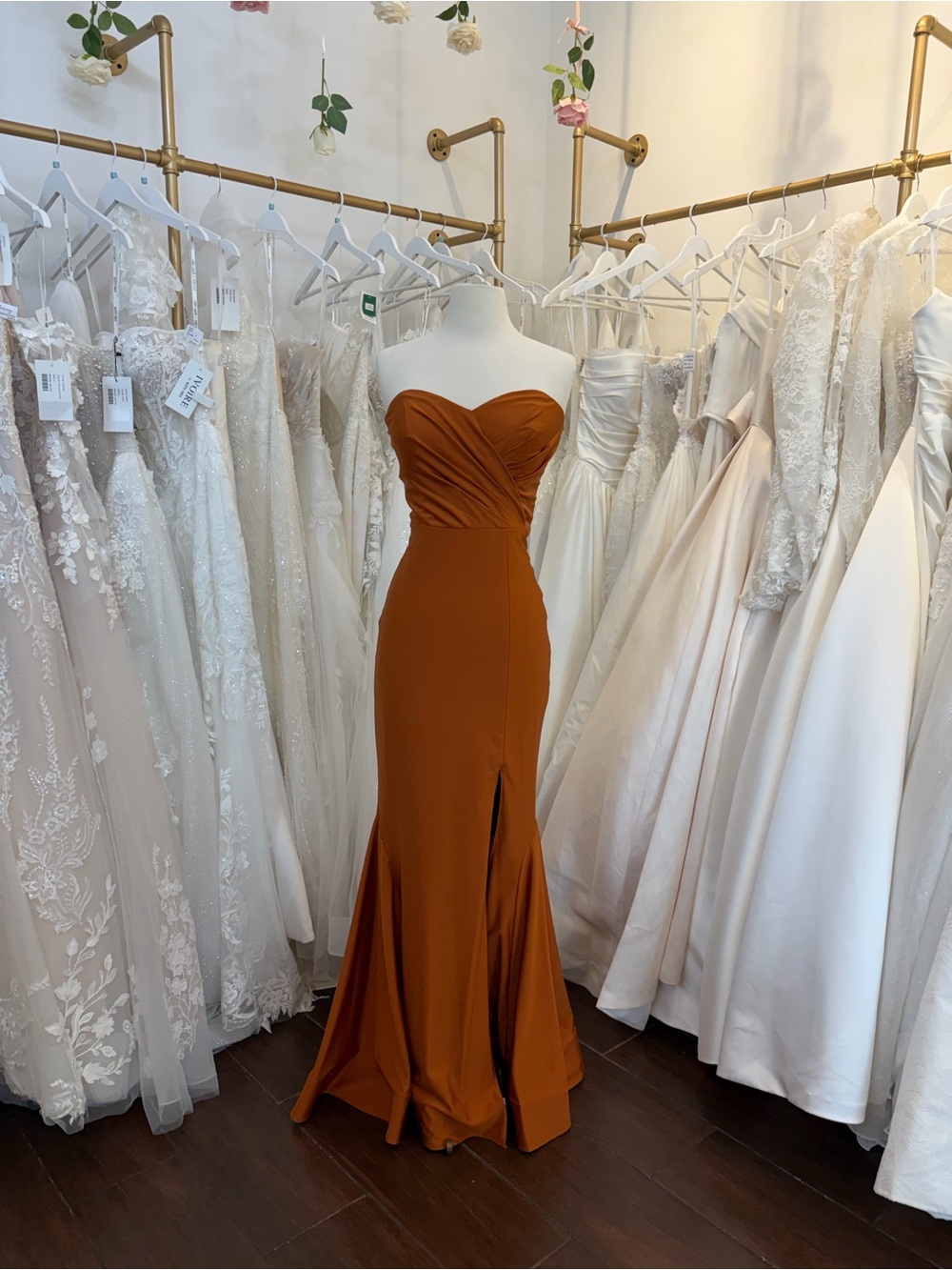 Bari Jay Strapless Rust-Orange Mermaid Gown